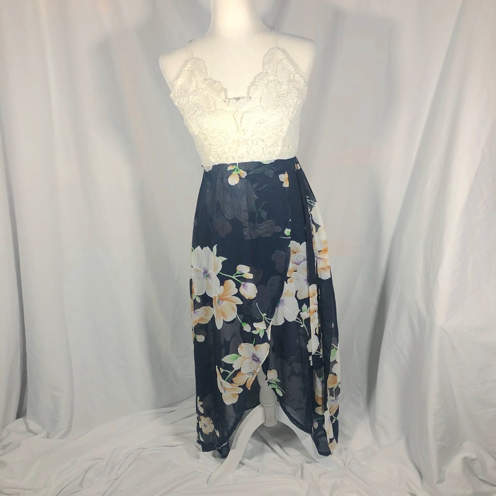 Floral & Lace High Low Criss Cross Flowy Dress